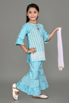 Jbegam Girls Festive & Party Kurta and Palazzo Set(Blue Pack of 1)