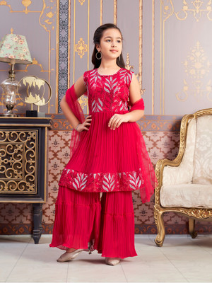 Aarika Girls Festive & Party Kurta and Sharara Set(Red Pack of 1)