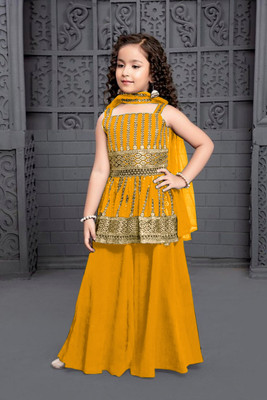 Tulsi Creation Girls Wedding Kurta and Palazzo Set(Yellow Pack of 1)
