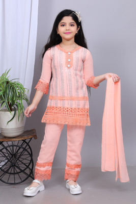 BISAL Girls Festive & Party Kurta and Dupatta Set(Orange Pack of 1)