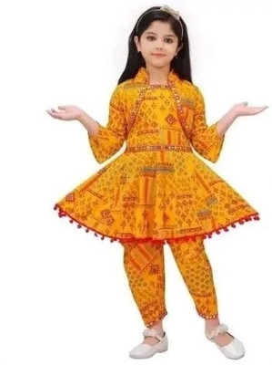 Raniomatic Baby Girls Festive & Party Kurta, Waistcoat and Dhoti Pant Set(Yellow Pack of 1)