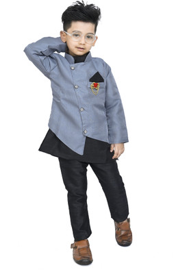 PARROT COLLECTION Boys Festive & Party Kurta and Pyjama Set(Black Pack of 1)