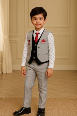 Adinath Fashion Boys Festive & Party Shirt, Waistcoat and Pant Set(Grey Pack of 1)