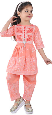 RIJIYA DRESSES Girls Festive & Party Kurta and Pyjama Set(Orange Pack of 1)