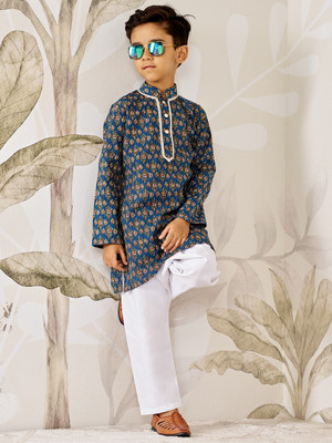 VASTRAMAY Boys Festive & Party Kurta and Pyjama Set(Blue Pack of 1)