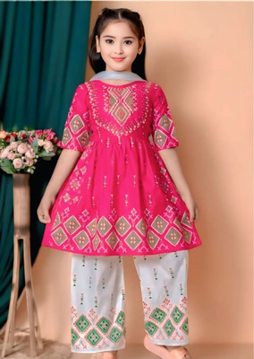HEENADRESS Girls Festive & Party Kurta and Palazzo Set(Pink Pack of 1)