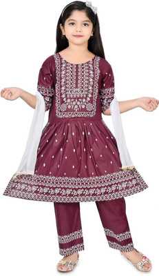 AROBI CREATION Girls Festive & Party Kurta, Pyjama & Dupatta Set(Purple Pack of 1)