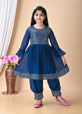 ITC FASHION Girls Festive & Party Kurta and Palazzo Set(Dark Blue Pack of 1)