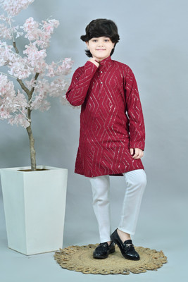 AHHAAAA Boys Festive & Party Kurta and Pyjama Set(Maroon Pack of 1)