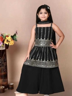 ANGEL PROPRIETOR Baby Girls Festive & Party Kurta, Pyjama & Dupatta Set(Black Pack of 1)