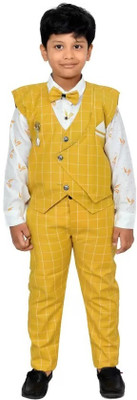 BABUSHONA Boys Festive & Party Shirt, Waistcoat and Pant Set(Yellow Pack of 1)