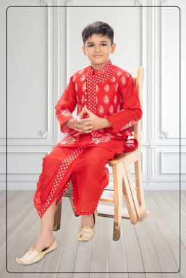 new gen Boys Casual, Festive & Party, Wedding Kurta, Waistcoat and Dhoti Pant Set(Red Pack of 1)
