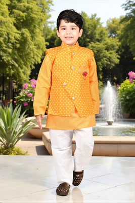 Smuktar garments Baby Boys Casual, Festive & Party, Wedding Kurta, Waistcoat and Pyjama Set(Yellow Pack of 1)