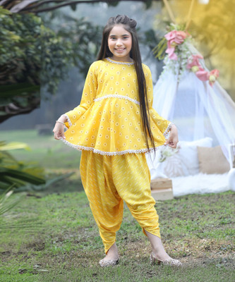 CUTIEKINS Girls Festive & Party Dhoti & Kurta Set(Yellow Pack of 1)