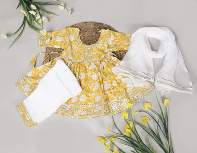 spack jerrow Baby Girls Festive & Party Kurti, Legging and Dupatta Set(Yellow Pack of 1)