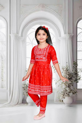 HASAN DRESSES Girls Festive & Party Kurta and Pyjama Set(Red Pack of 1)