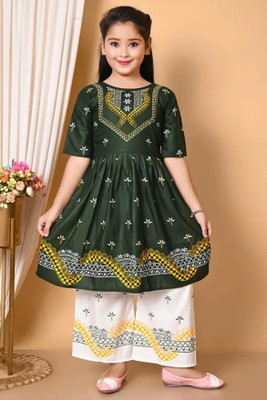 ANMOLDRESS Girls Festive & Party Kurta and Palazzo Set(Dark Green Pack of 1)