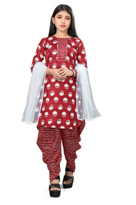 Suhanafashion Girls Casual Kurta, Dhoti Pant & Dupatta Set(Red Pack of 1)