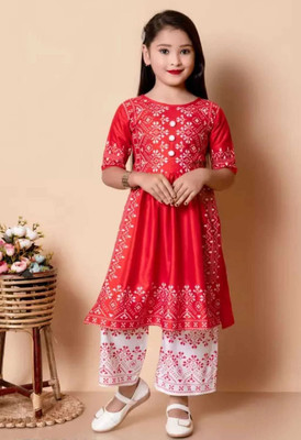 Rmmfashion Girls Festive & Party Angarkha and Sharara Set(Red Pack of 1)