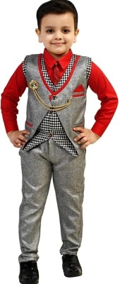 Go Berry Boys Festive & Party Shirt, Waistcoat and Pant Set(Red Pack of 3)