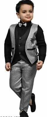 KIDCHAMP Boys Festive & Party Shirt, Waistcoat and Pant Set(Grey Pack of 1)