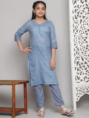 SATVASHIV Girls Festive & Party, Casual Kurta and Pyjama Set(Light Blue Pack of 1)