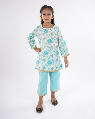 FabJunior Baby Girls Festive & Party Kurta and Pyjama Set(Light Blue Pack of 1)