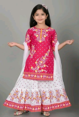 Hipposippo Girls Festive & Party Kurta and Skirt Set(Pink Pack of 1)