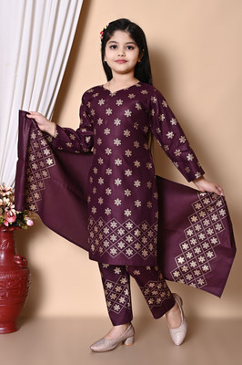 SK LIFESTYLE Girls Festive & Party Kurta, Pyjama & Dupatta Set(Purple Pack of 1)