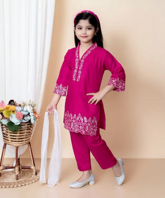 Mselimdresses Girls Casual Kurta and Skirt Set(Pink Pack of 1)