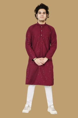 VISHESTA Boys Festive & Party Kurta and Pyjama Set(Maroon Pack of 1)