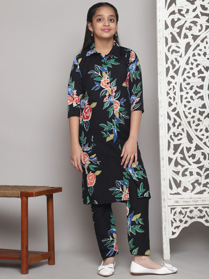 Bharatmart Girls Festive & Party, Casual Kurta and Pyjama Set(Black Pack of 1)