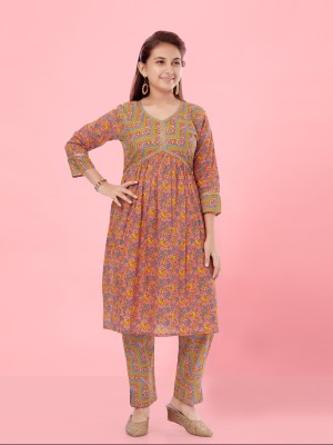 Aarika Girls Floral Print Flared Kurta(Orange)