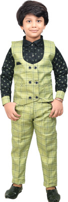 TAPODHANI Boys Festive & Party Shirt, Waistcoat and Pant Set(Green Pack of 1)
