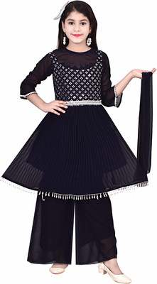 SVM FASHION Girls Festive & Party Kurta and Palazzo Set(Black Pack of 1)