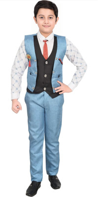 Go Berry Boys Festive & Party Shirt, Waistcoat and Pant Set(Blue Pack of 1)