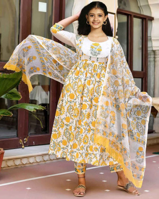 Mitukart Girls Casual Churidar and Dupatta Set(Yellow Pack of 3)