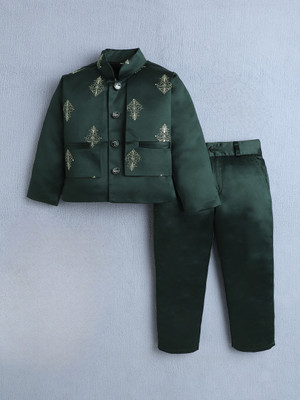 Fourfolds Boys Festive & Party, Wedding Blazer and Pant Set(Dark Green Pack of 1)