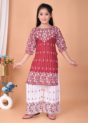 ZAYA Girls Festive & Party Kurta and Palazzo Set(Red Pack of 1)