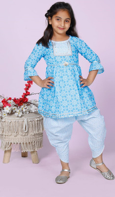 Little Dreams Girls Festive & Party Kurta and Palazzo Set(Light Blue Pack of 1)