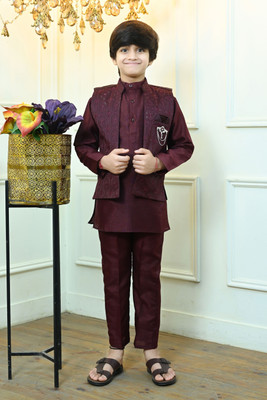 BT DEZINES Boys Festive & Party Kurta, Waistcoat and Pyjama Set(Maroon Pack of 1)