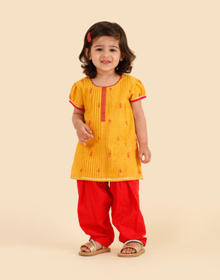 Fabindia Baby Girls Festive & Party Salwar and Kurta Set(Yellow Pack of 1)