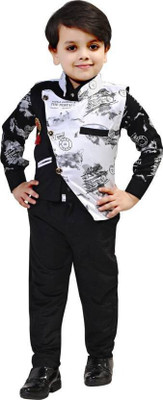 AJ STYLES Boys Festive & Party, Wedding Shirt, Waistcoat and Pant Set(Black Pack of 3)