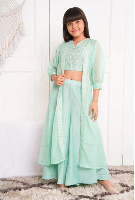 Curly Tales Girls Festive & Party Ethnic Jacket, Blouse and Palazzo Set(Green Pack of 1)