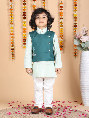 POLKA TOTS Baby Boys Festive & Party Kurta, Waistcoat and Pyjama Set(Green Pack of 1)