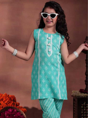 Pari Mahal Girls Casual Kurta and Palazzo Set(Blue Pack of 1)