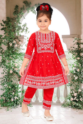 ULTRA TREND Baby Girls Festive & Party Kurta and Pyjama Set(Red Pack of 1)