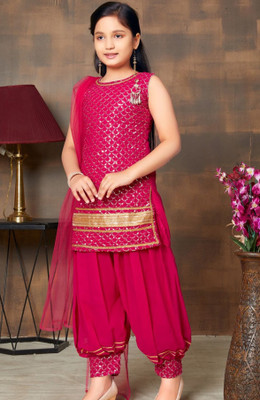 KAINAT Girls Wedding Kurta and Patiala Set(Pink Pack of 1)