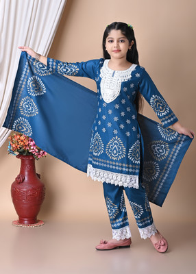 TIKTOK FASHION Girls Festive & Party Kurta, Churidar & Dupatta Set(Dark Blue Pack of 1)