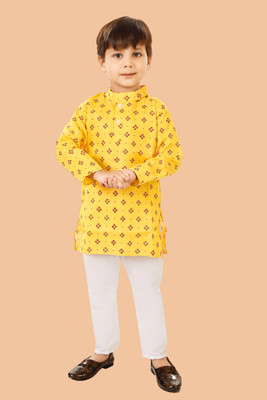 LABELZERO Boys Festive & Party Kurta and Pyjama Set(Yellow Pack of 1)